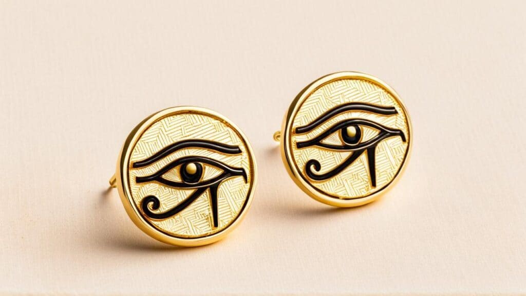 Pair of round gold Eye of Ra earrings with black enamel details inspired by ancient Egyptian protective amulets