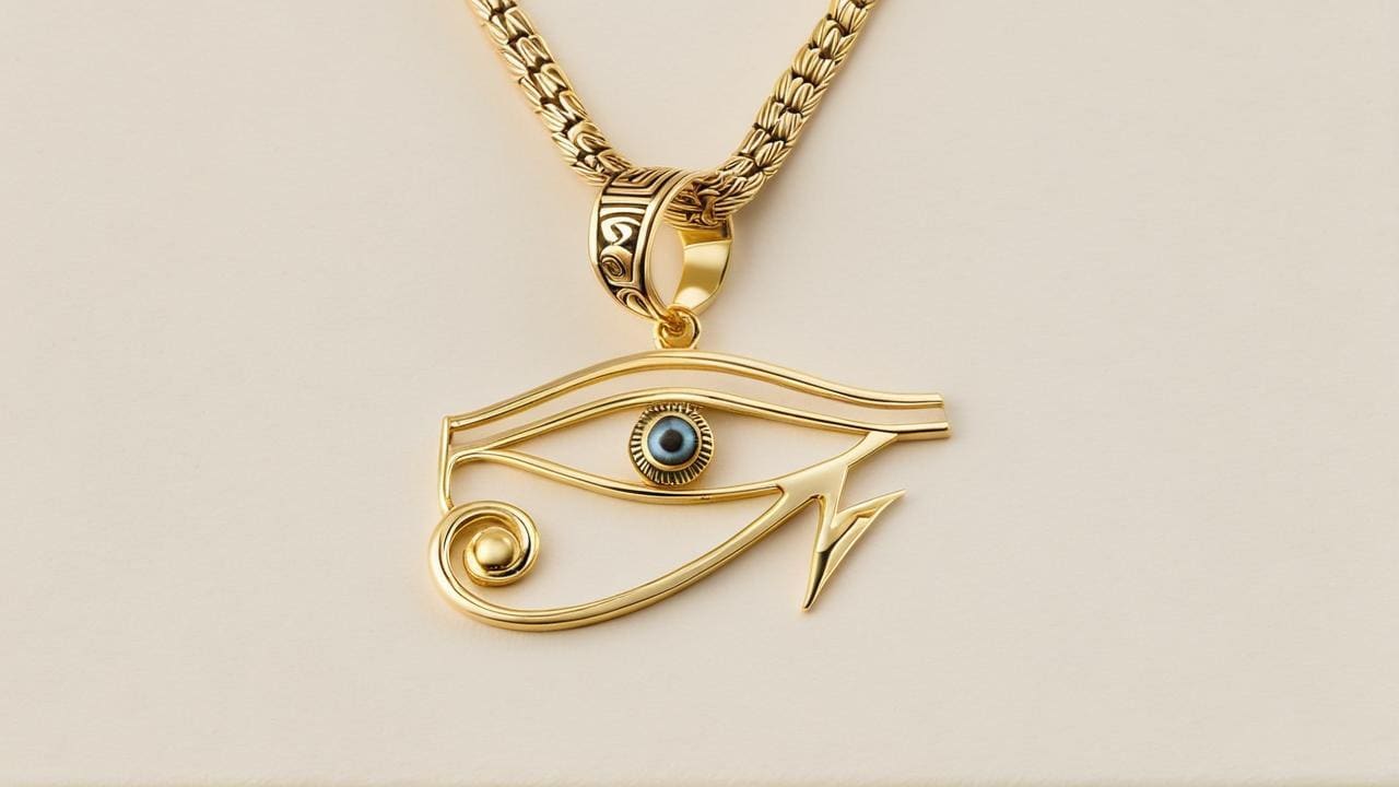 Gold Eye of Ra pendant with evil-eye bead center on an engraved bail