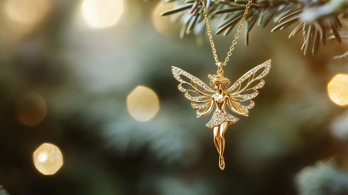 Gold fairy pendant with diamond-set wings hanging from a pine branch