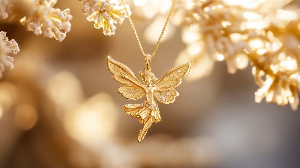 Gold fairy pendant necklace with diamond-accented wings, elegantly displayed against a golden-hued background.