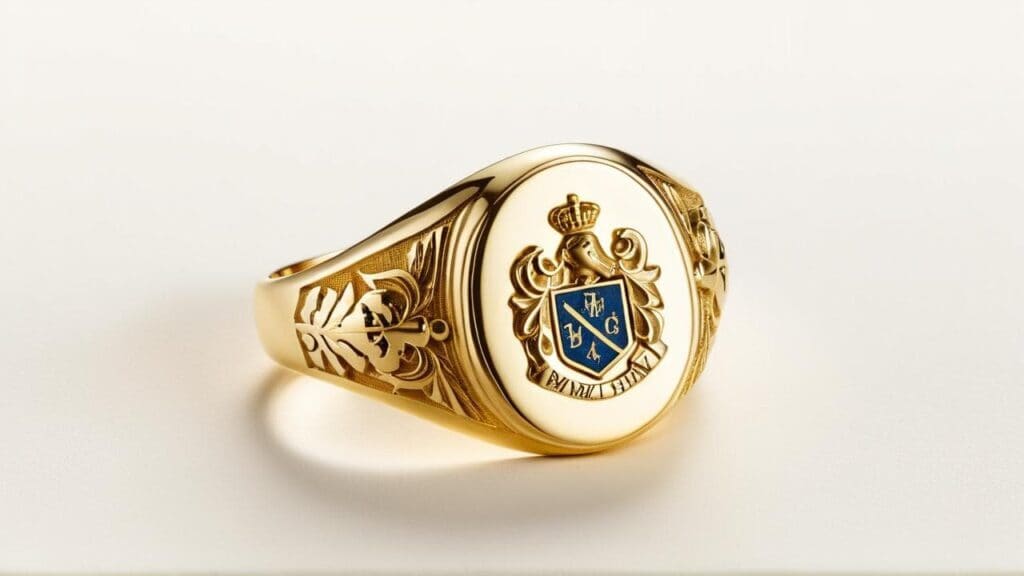 Gold family crest signet ring with blue enamel, traditional heirloom jewelry with historical significance