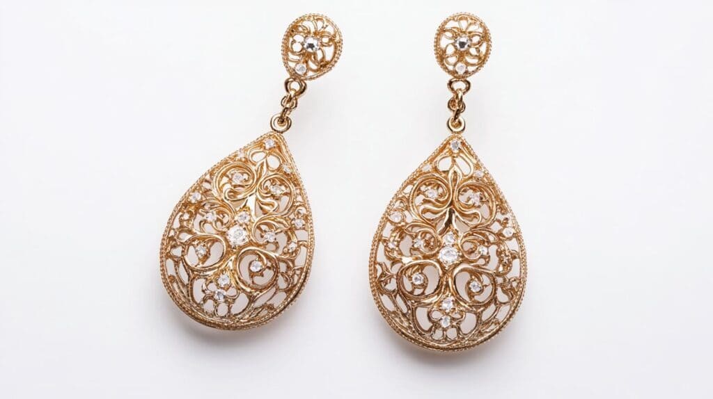 Pair of gold filigree teardrop earrings with intricate swirls and diamond accents, displaying exquisite metalwork.