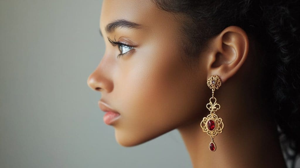 Gold filigree drop earrings adorned with red gemstones, complementing a natural and elegant look.