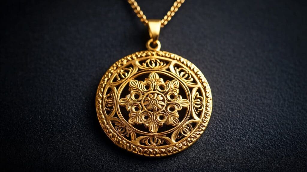 Close-up of a gold filigree pendant with intricate floral patterns and lace-like details, showcasing traditional craftsmanship.