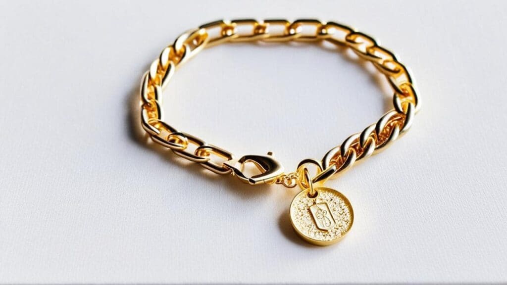 Gold filled chain link bracelet with monogrammed pendant charm on white surface