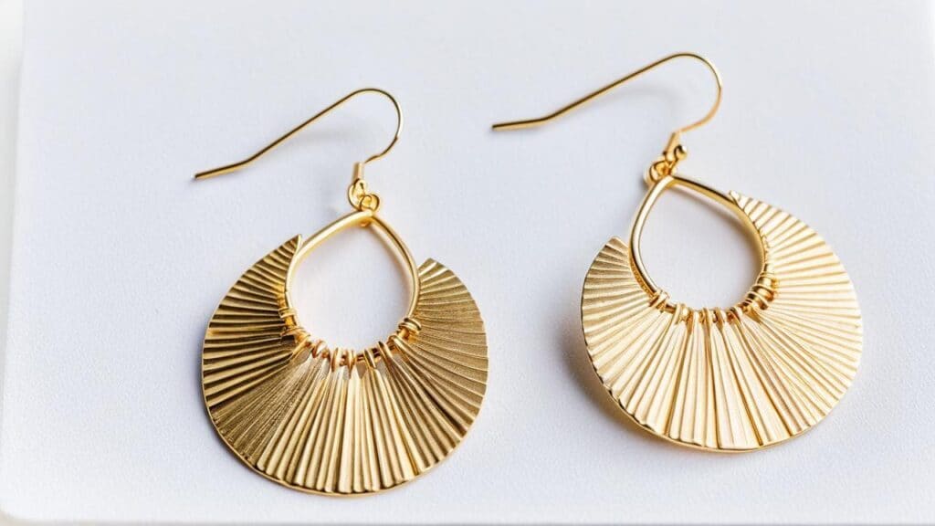 Gold filled fan-shaped dangle earrings with textured pleated design on white background