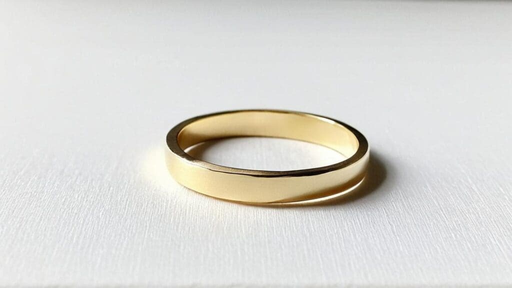 Simple gold filled wedding band or stacking ring on white background showing polished finish