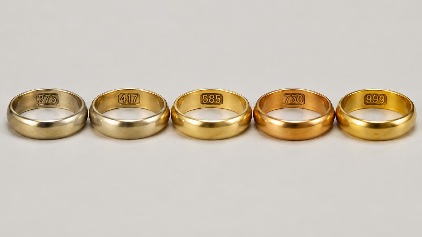 Five gold rings displaying fineness stamps 375, 417, 585, 750, and 999 engraved inside the band