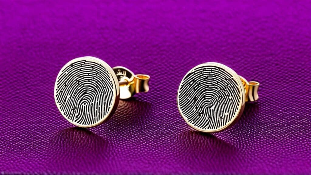 Gold fingerprint stud earrings displayed on purple leather, designed as unique personalized jewelry gifts