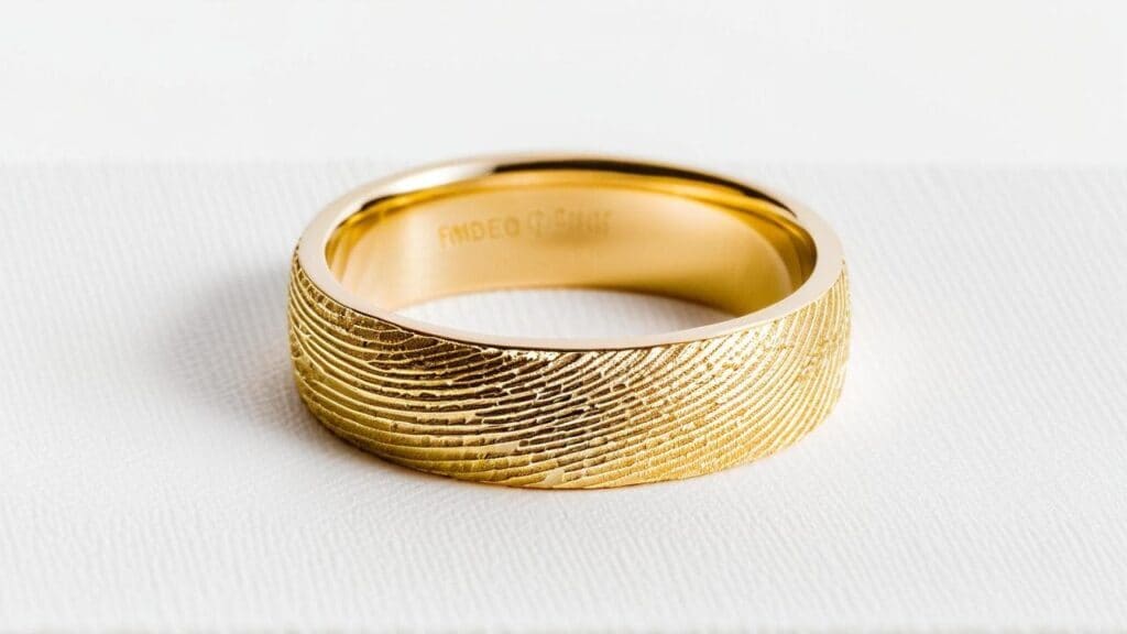 Custom gold fingerprint ring with engraved design, symbolizing personalized wedding or memorial jewelry