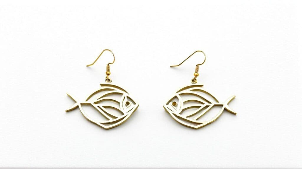 A pair of gold fish-shaped dangle earrings with a minimalist cutout design, displayed on a white background.