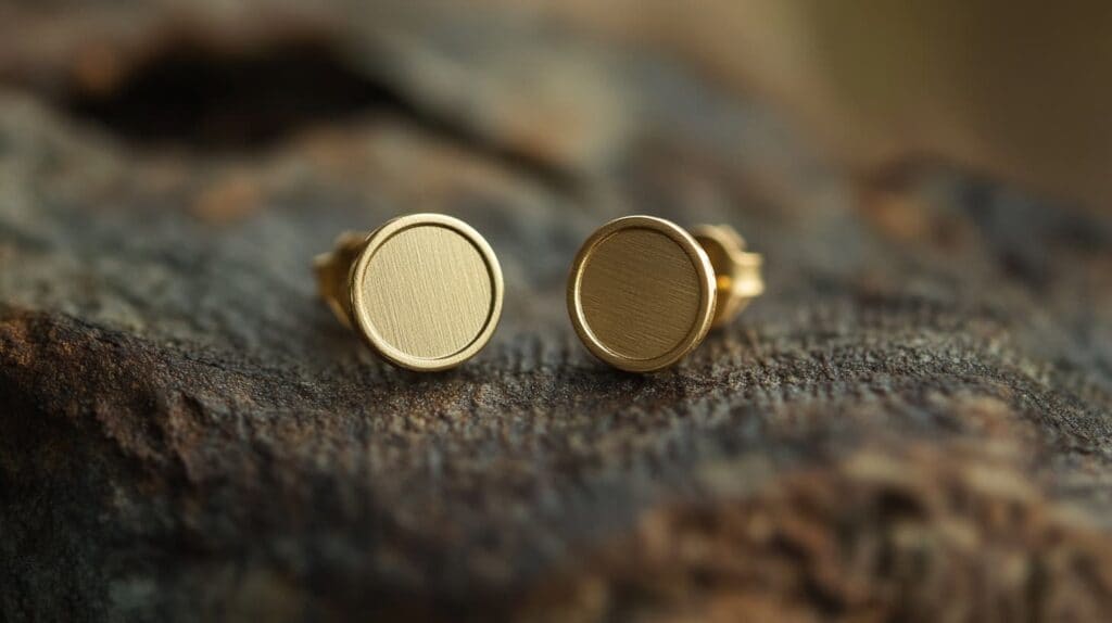 Gold flat back earrings displayed on wood, representing the threaded style for easy and secure use.