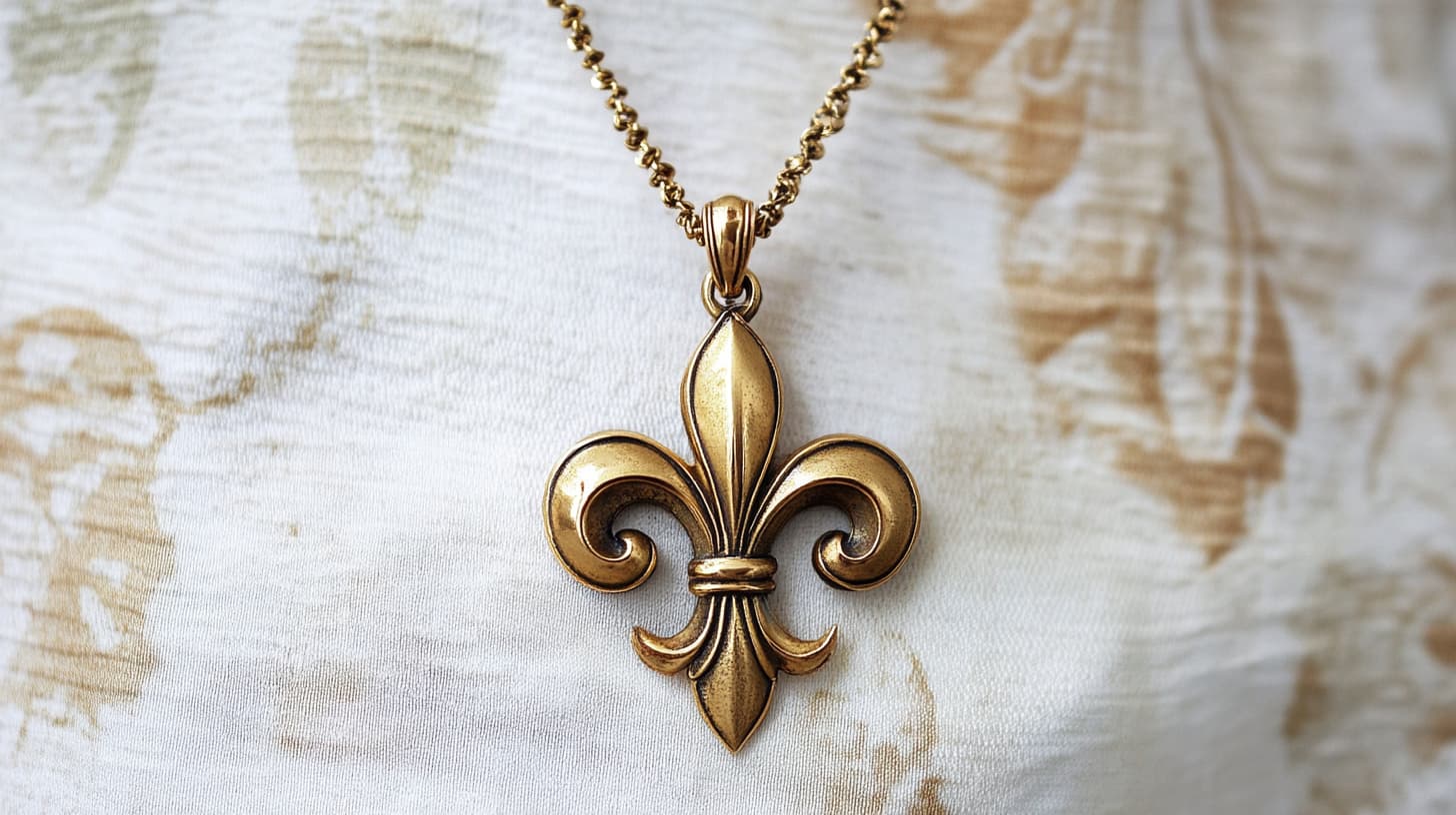 Antiqued gold fleur-de-lis pendant on a beaded chain over cream fabric