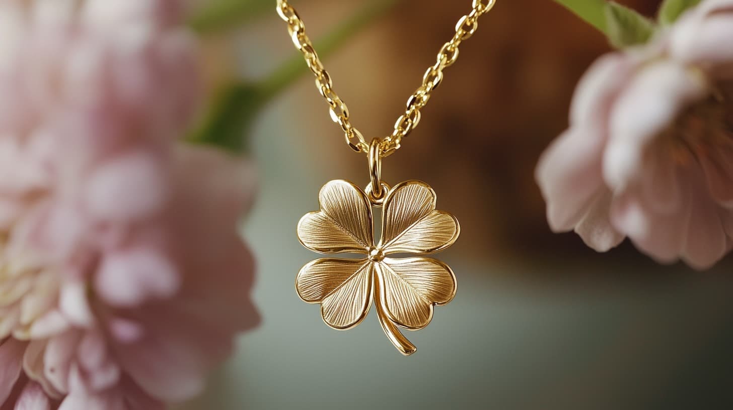 Gold four-leaf clover pendant with veined petals on a chain among pink blossoms