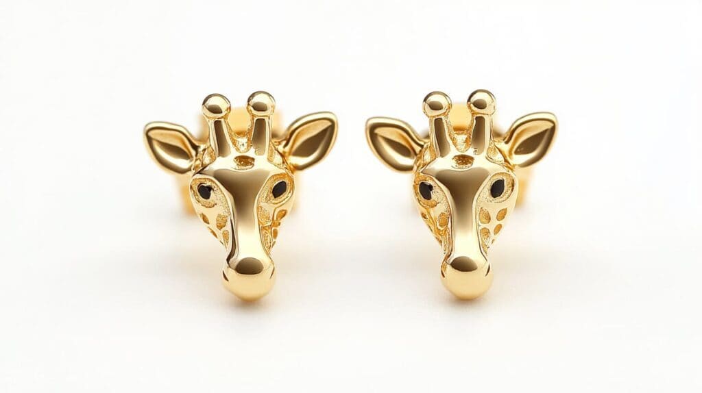 Pair of gold giraffe head stud earrings with detailed spots, celebrating grace and personal identity through stylish design.