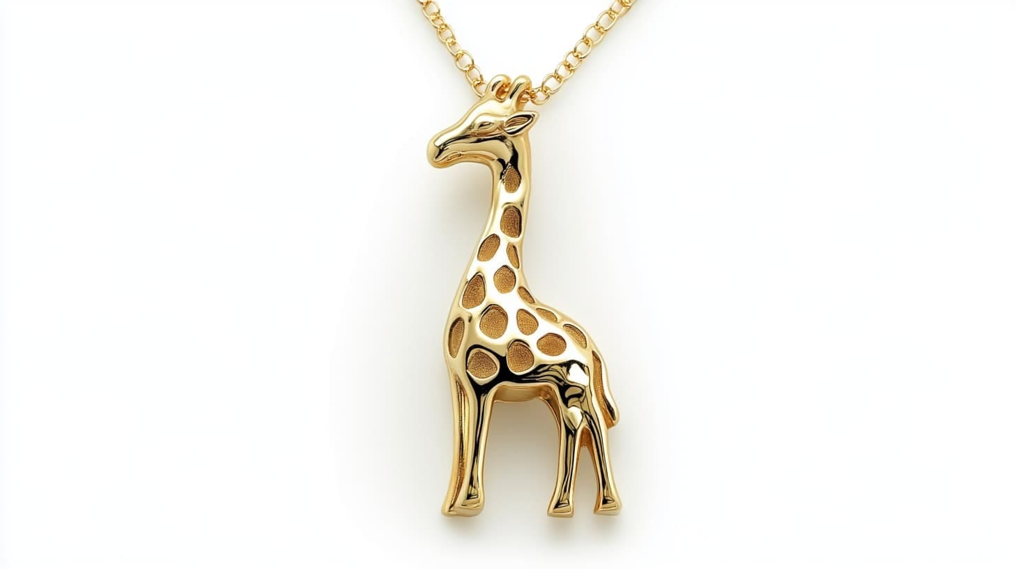 Gold giraffe pendant with textured spots on a chain against white