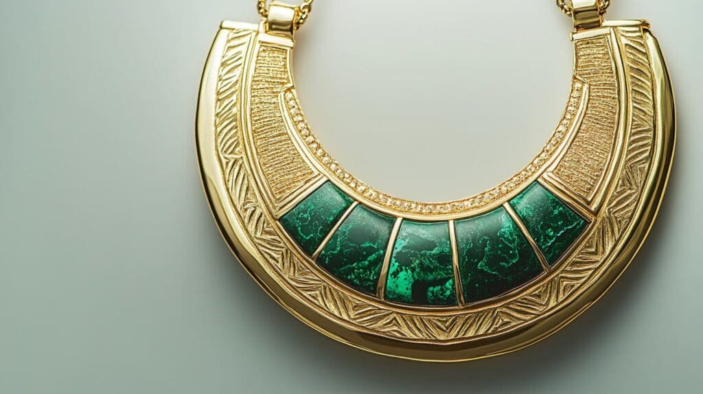 Close-up of a gold necklace with intricate engravings and green malachite inlay, showcasing luxury jewelry craftsmanship.