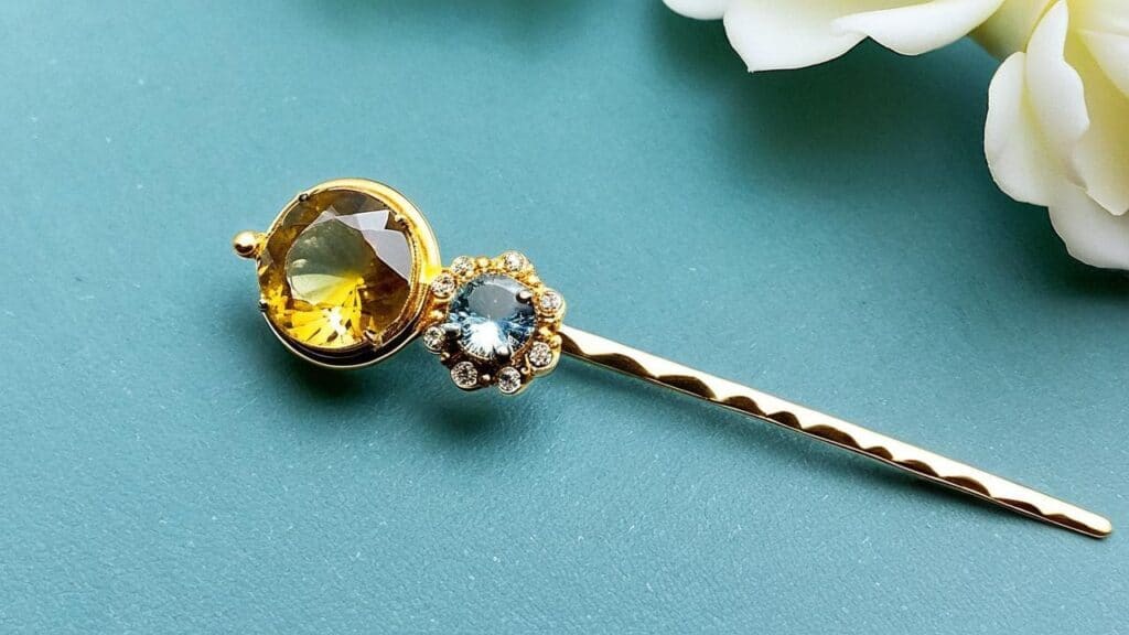 A gold hairpin adorned with a round faceted legrandite gemstone and a smaller blue gemstone, accented with tiny diamonds, placed on a teal surface with white flowers, showcasing a delicate legrandite jewelry piece.