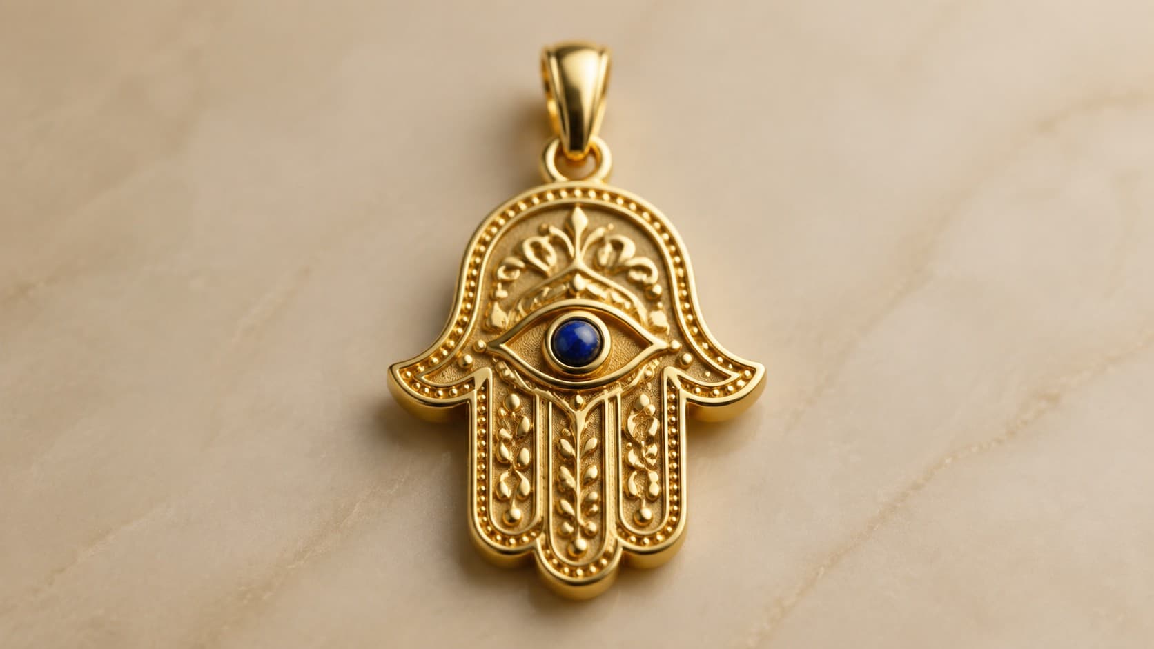 Gold hamsa hand charm with blue eye symbolizing protection