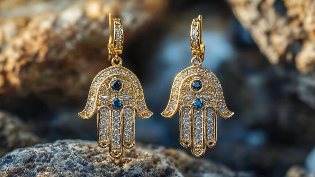 Gold Hamsa Hand earrings adorned with diamonds and blue gemstones, symbolizing protection and good fortune.