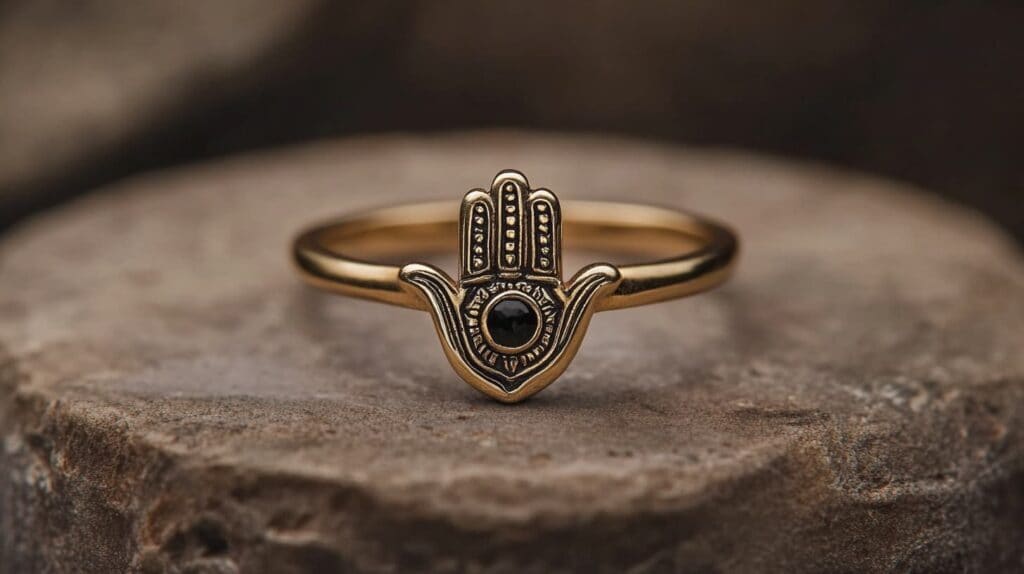 Gold Hamsa Hand ring featuring a black gemstone, representing protection and spiritual guidance.