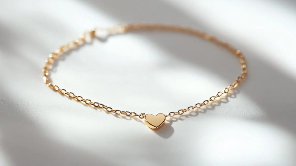Close-up of a minimalist gold anklet with a heart charm, elegantly displayed on a soft, light background, ideal for casual or formal wear.