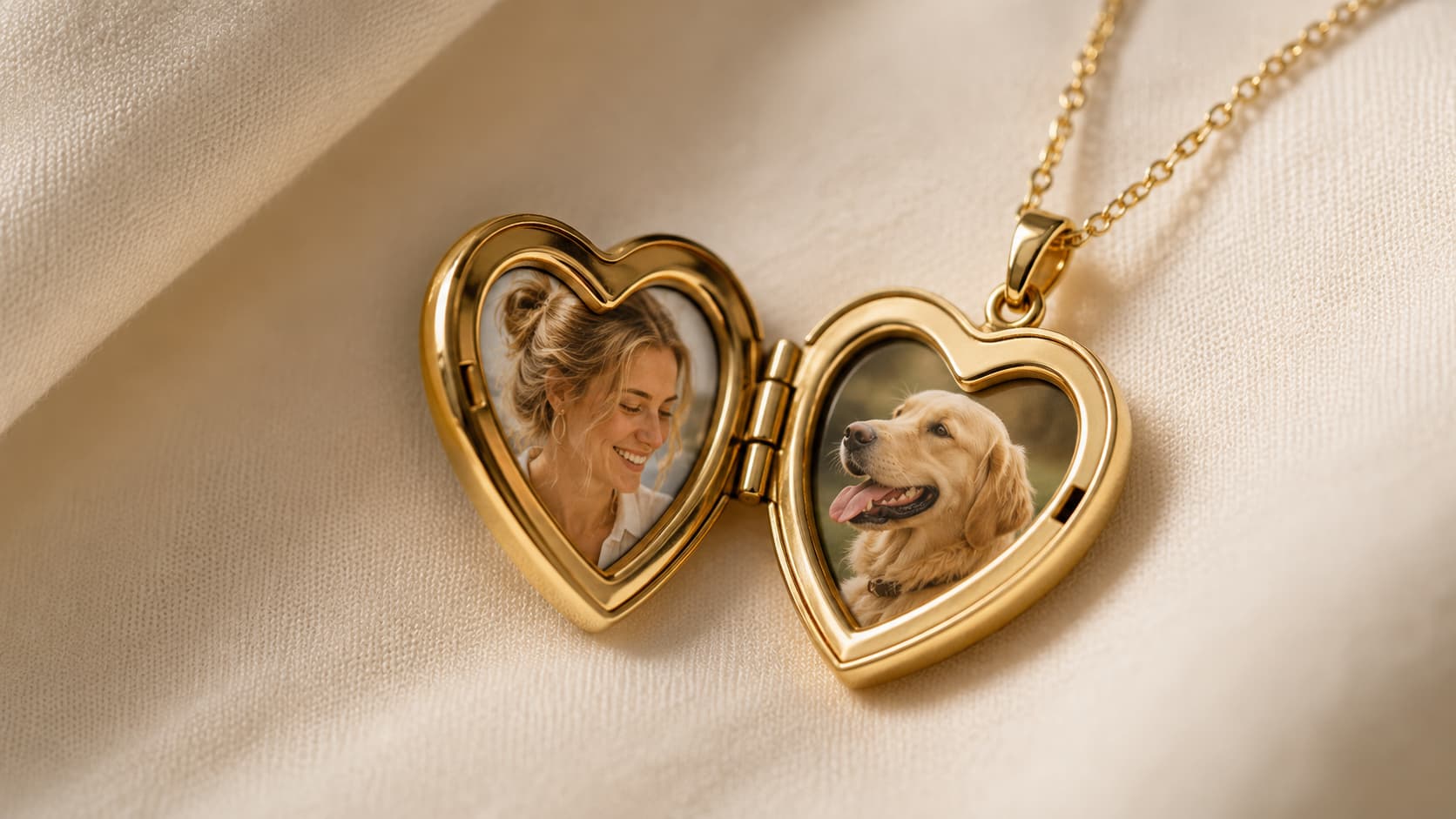Gold heart-shaped locket necklace with two photos inside, one of a woman and one of a dog