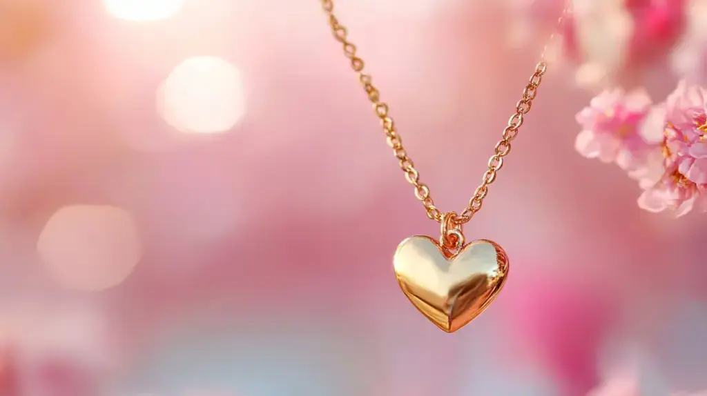 Gold heart pendant necklace on a delicate chain with a soft pink background, perfect for Mother's Day.