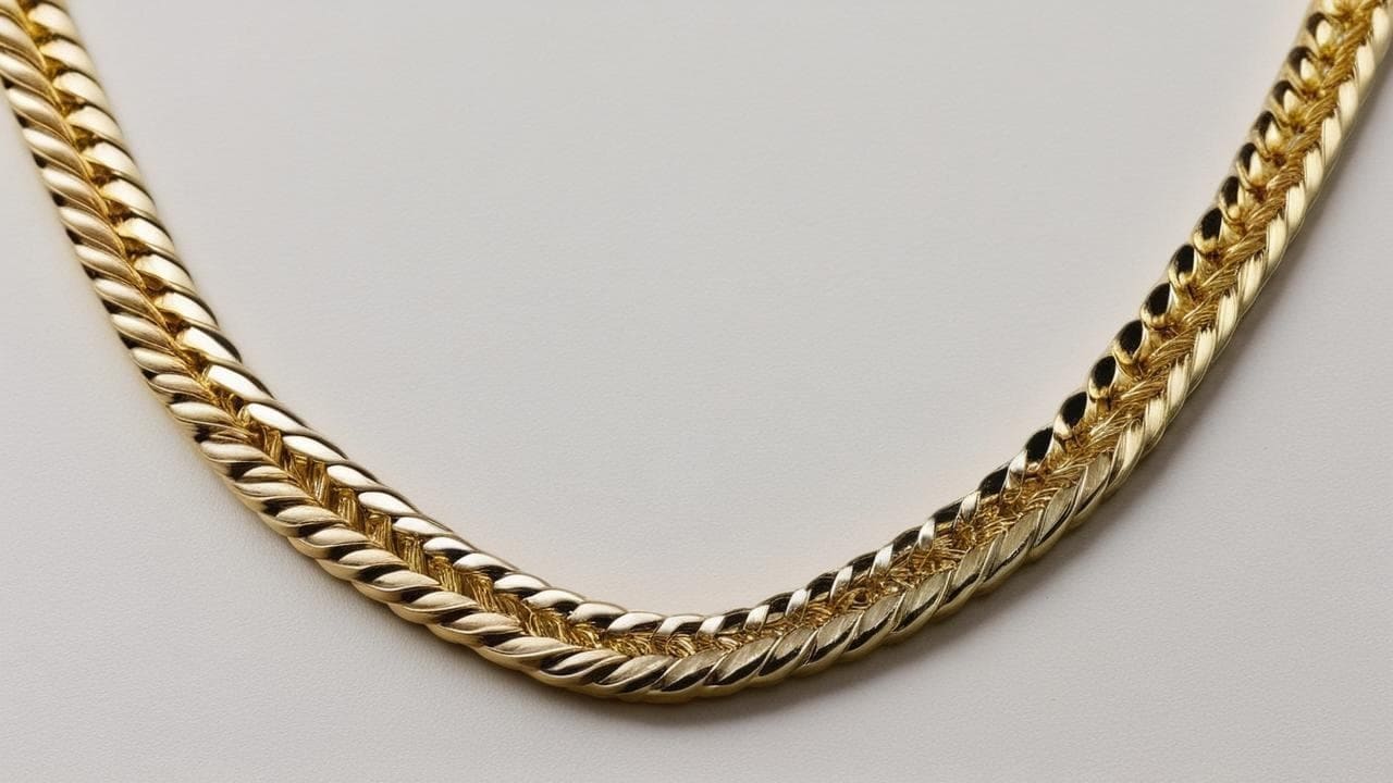Close-up of a flat woven gold herringbone chain necklace