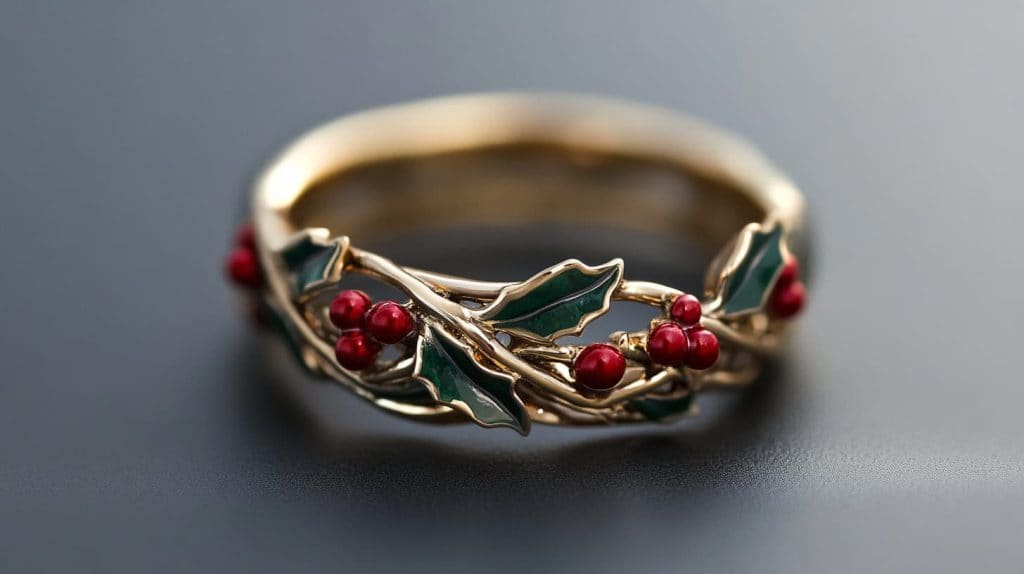 Gold ring featuring holly leaf and berry design with green enamel leaves and red berries, a symbolic piece of winter jewelry.