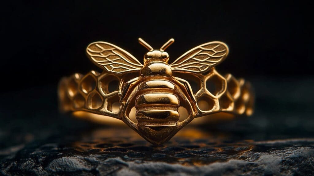 Detailed gold ring featuring a bee design paired with a honeycomb pattern, symbolizing community, productivity, and natural harmony in jewelry.