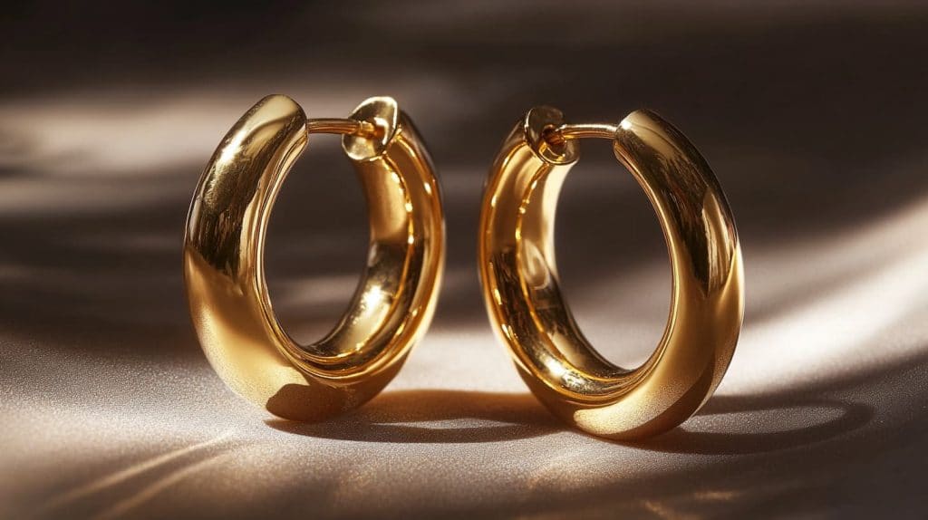 A pair of 16K gold hoop earrings reflecting light, showcasing their polished finish and durable design ideal for everyday wear.