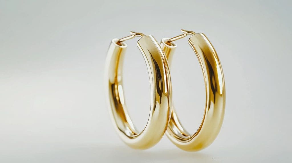 Close-up of a pair of gold hoop earrings, showcasing the timeless appeal and sustainability of pre-owned jewelry.