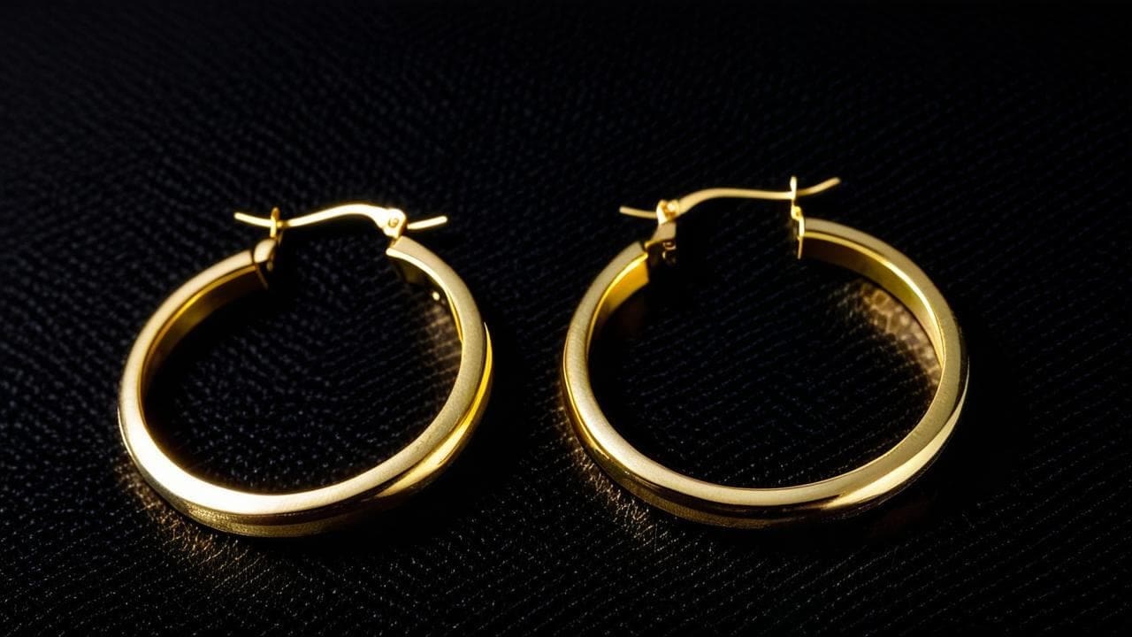 Pair of plain gold hoop earrings with hinged clasps on black fabric