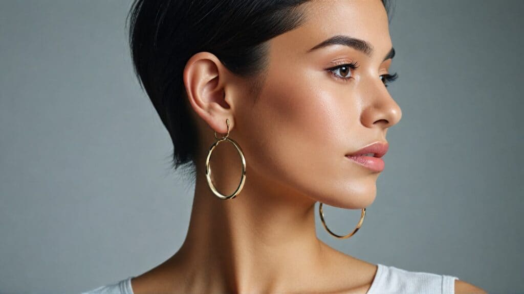 Close-up of a woman with short dark hair wearing large gold hoop earrings and a white top, showcasing elegant and modern jewelry style.