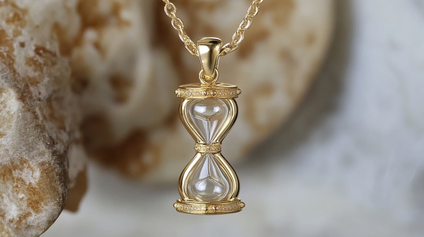 Gold hourglass pendant with clear glass bulbs and diamond-set rims on a rope chain