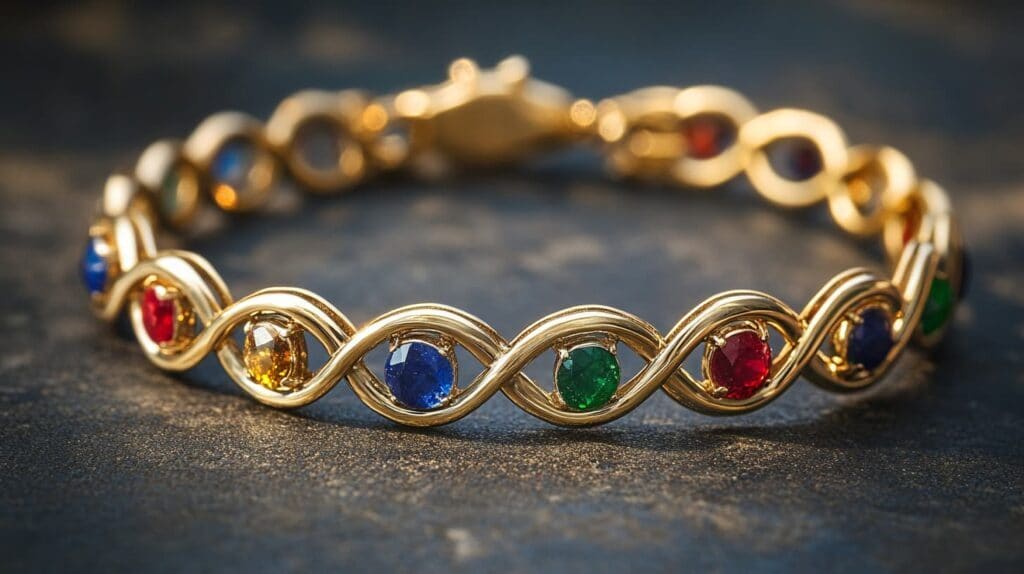 Gold infinity bracelet adorned with multicolored gemstones, symbolizing endless possibilities and vibrant elegance.
