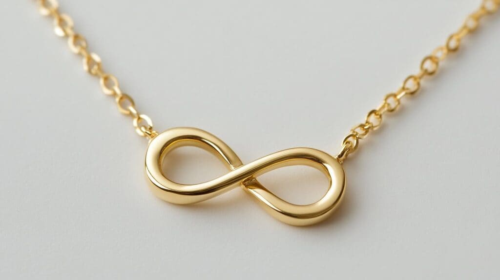 Gold infinity necklace with a delicate chain, representing timeless bonds and friendship, elegantly displayed on a neutral background.