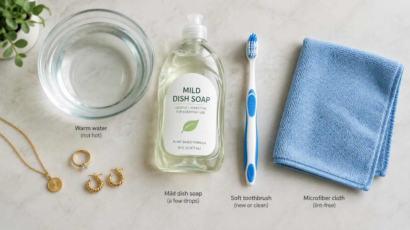 Flat lay of gold jewelry cleaning supplies: warm water, mild dish soap, soft toothbrush, and microfiber cloth