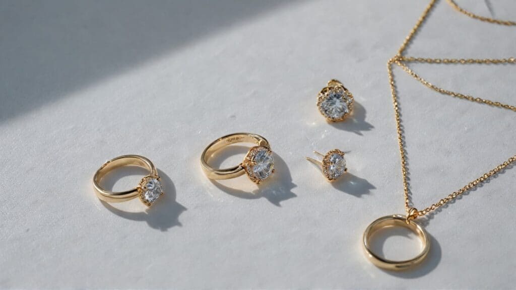 Collection of gold jewelry including rings, necklace and earrings that must be removed before MRI and medical scans