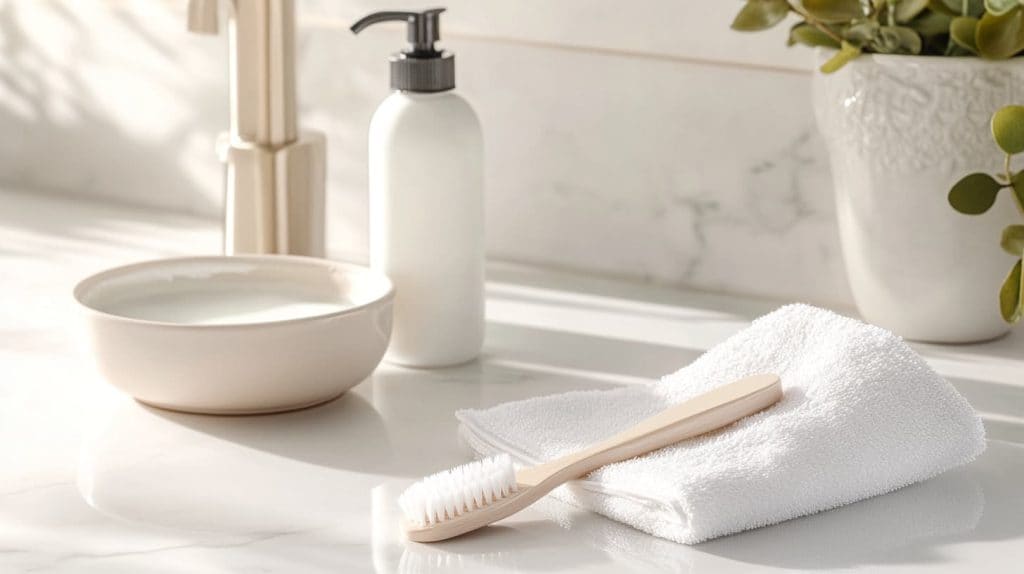 Essential tools for gold jewelry maintenance, including a soft toothbrush, microfiber cloth, and soap near a faucet.