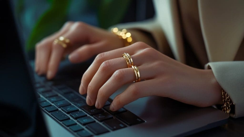 Close-up of gold rings and bracelets styled for a professional work setting, worn with a tailored blazer.
