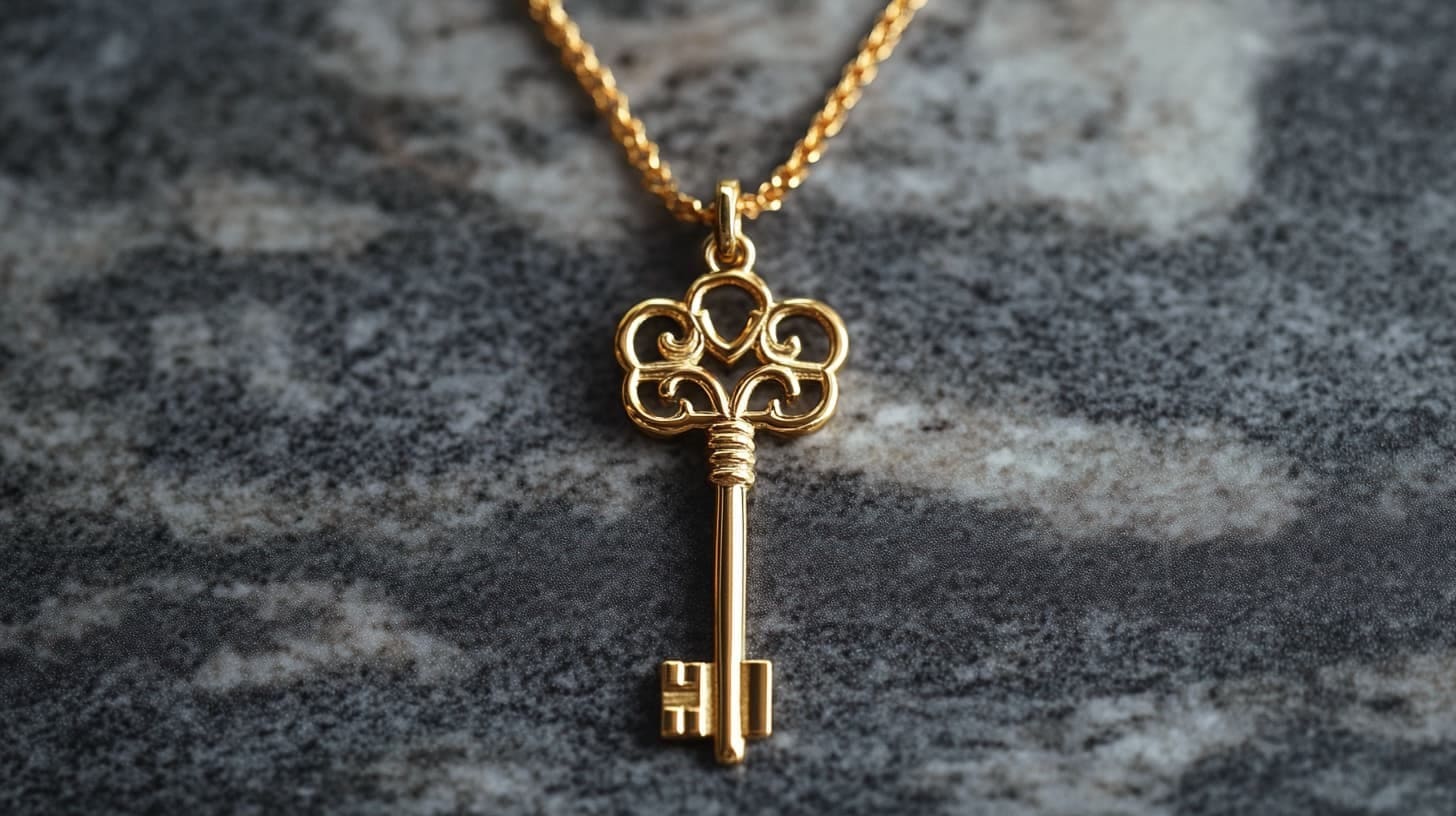 Gold skeleton key pendant with a filigree scroll bow on speckled granite