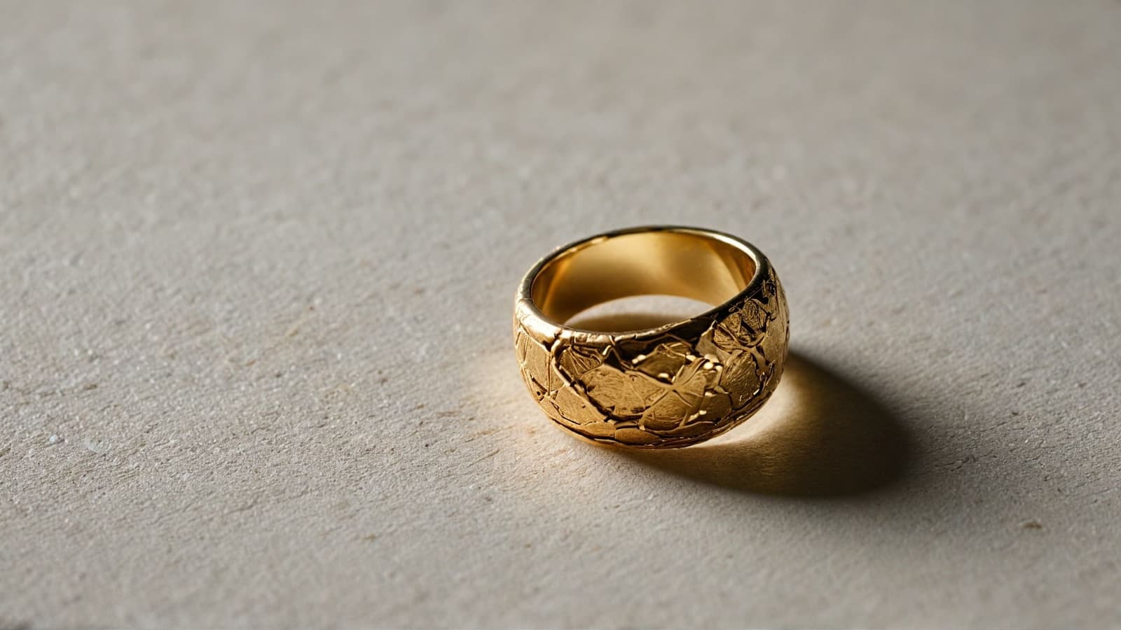Wide gold ring with kintsugi-style cracked texture symbolizing healing
