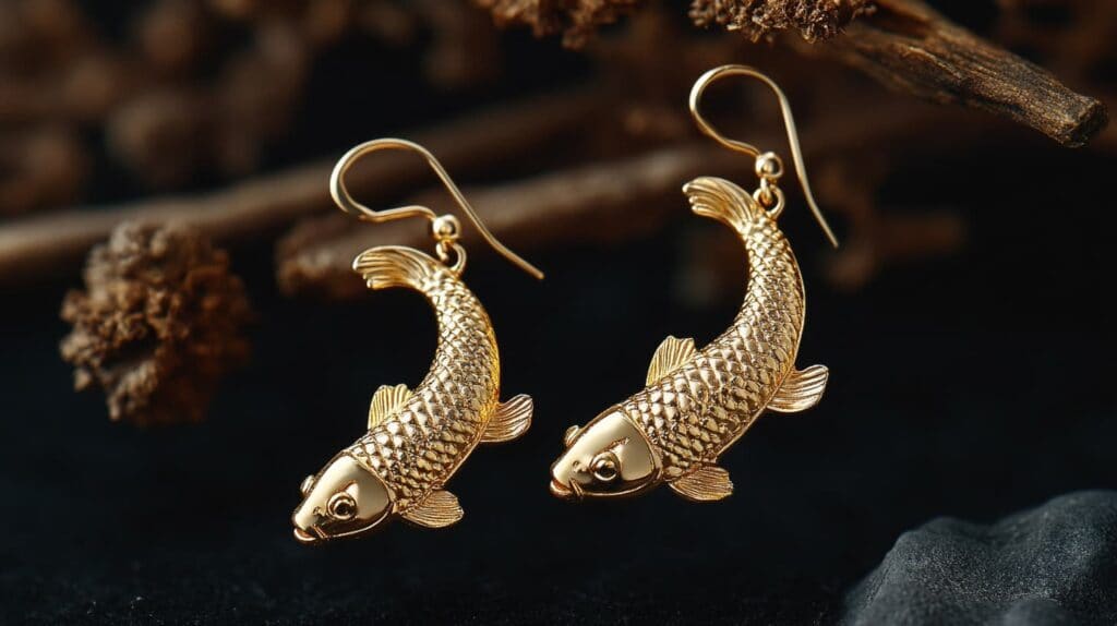 Gold koi fish earrings representing love, relationship harmony, and balance, inspired by traditional koi symbolism.