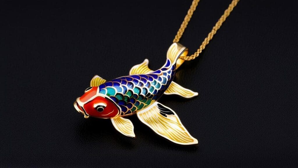 A vibrant gold koi fish pendant necklace with intricate blue, red, and yellow enamel detailing, placed on a black background.