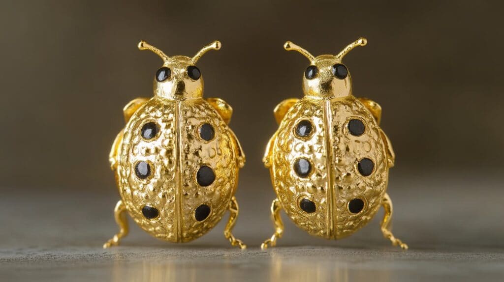 Pair of gold ladybug earrings with black gemstone details, offering a stylish and symbolic jewelry piece representing good fortune.