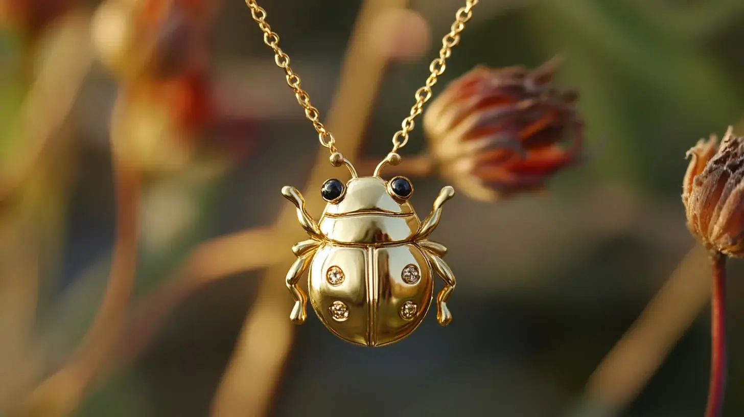 Gold ladybug pendant with diamond spots and dark eyes on a fine chain outdoors