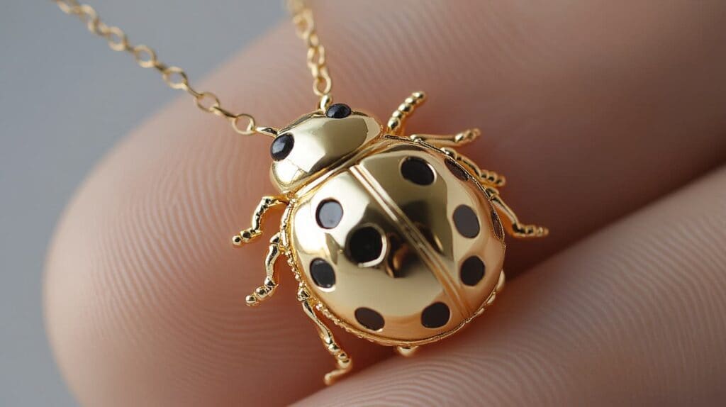 Close-up of a gold ladybug pendant with black dots, showcasing fine jewelry craftsmanship and symbolic meaning of luck and protection.