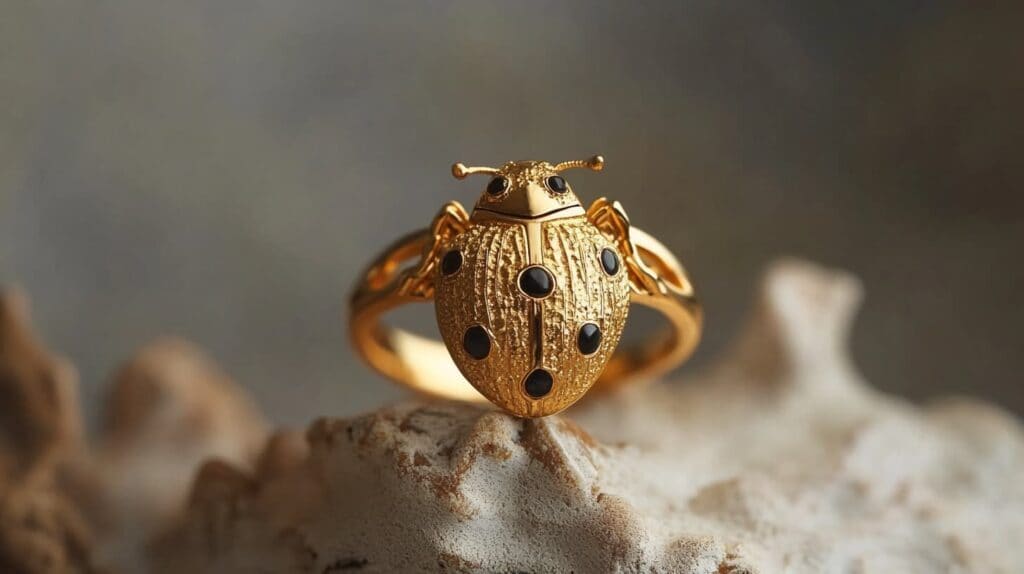 Gold ladybug ring adorned with black gemstones, showcasing a detailed and elegant design, symbolizing luck and positive change.